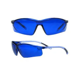 Safety glasses with blue lenses and a blue frame